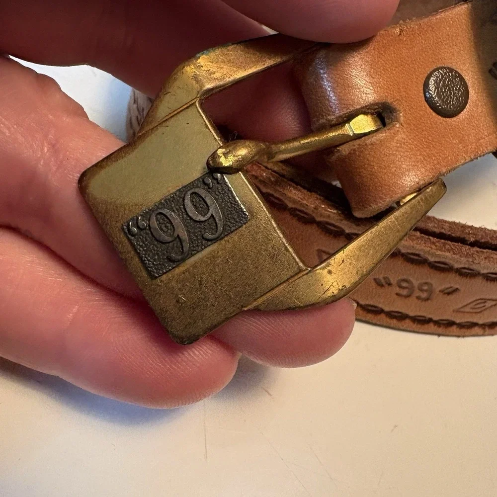 Vintage Justin Western Leather Belt Brass Buckle Sz 38 